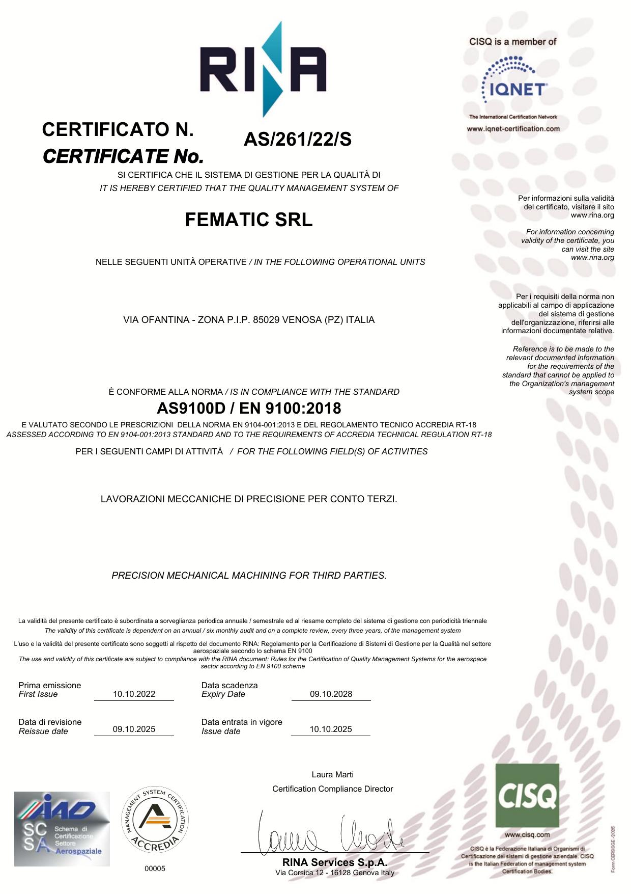 Certificato AS9100D / EN 9100:2018 Fematic Srl