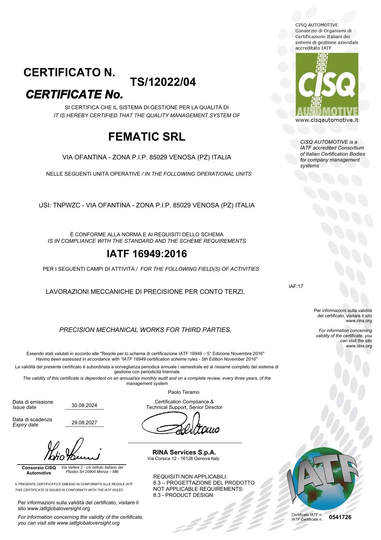 Certificato IATF 16949:2016 Fematic Srl