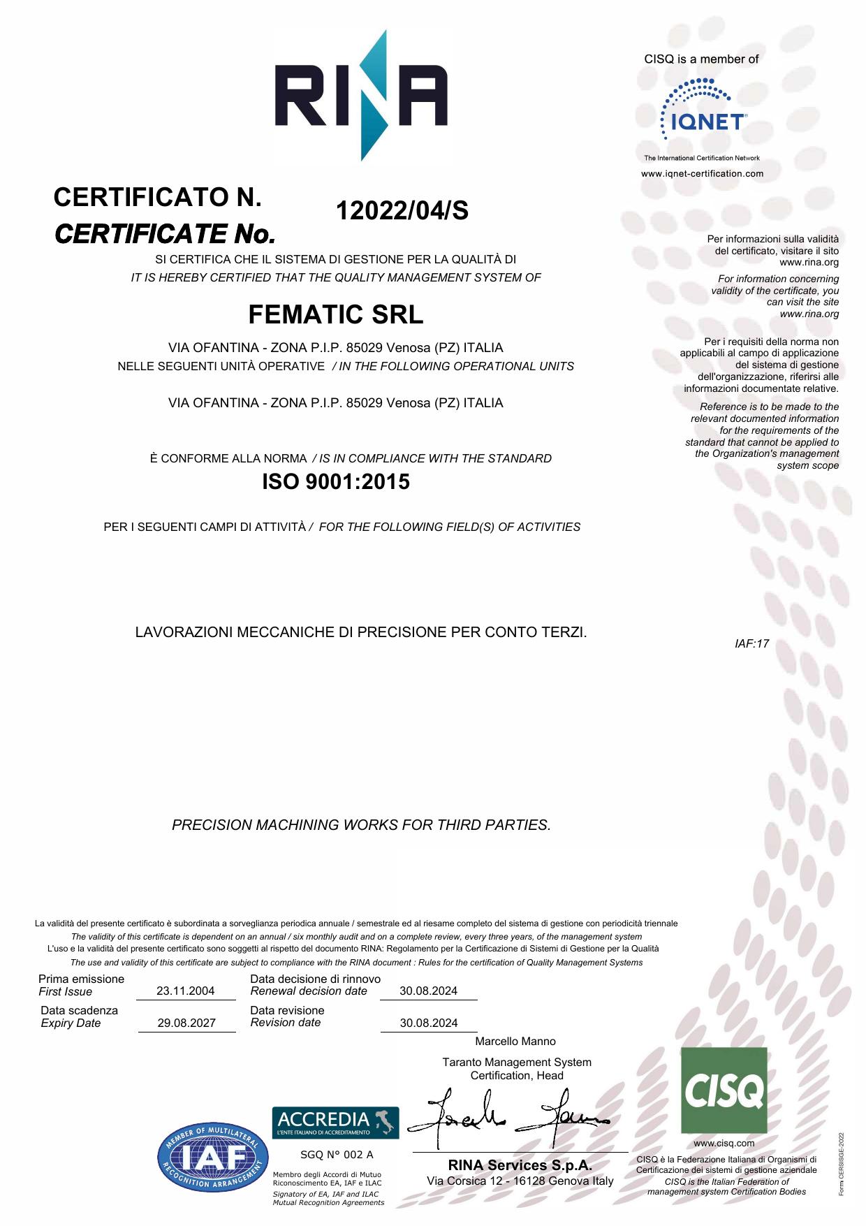 Certificato ISO 9001:2015 Fematic Srl